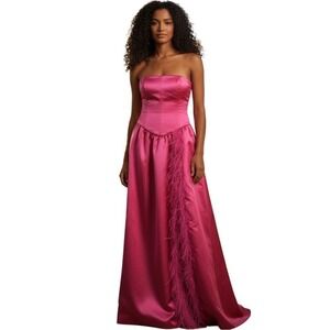WeWoreWhat Corset Strapless Gown, Duchess Satin W/feather Trim,‎ Magenta, Size 0